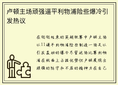 卢顿主场顽强逼平利物浦险些爆冷引发热议 卢顿主场顽强逼平利物浦险些爆冷引发热议