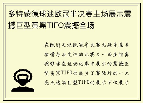 多特蒙德球迷欧冠半决赛主场展示震撼巨型黄黑TIFO震撼全场